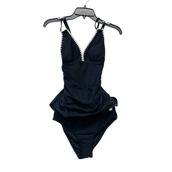 Cupshe Women's Black Shell Stitch Tankini Top Mid Rise Bottoms Set Size Small - Picture 1 of 8